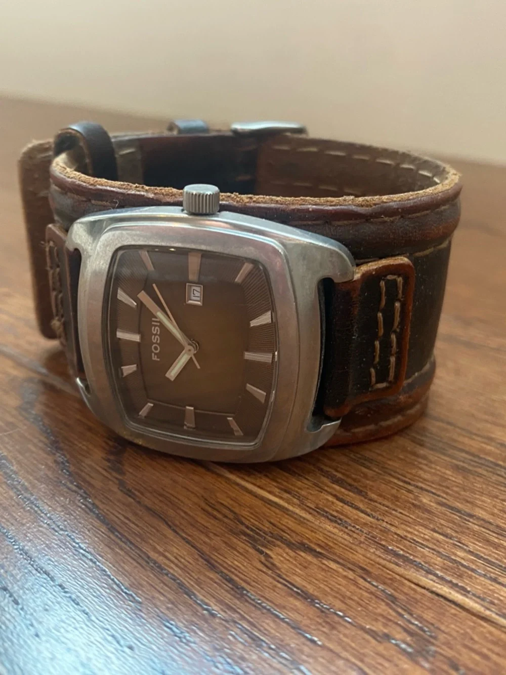 Fossil Brown Leather Wide Strap Watch with Stainless Square Case